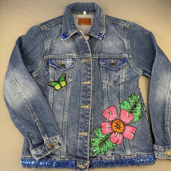 Ramona Hand Painted Embellished Denim Jean Jacket Womens Butterfly Hummingbird M - Picture 3 of 14